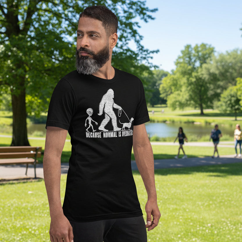 Funny bigfoot walking dachshund shirt design with alien and text because normal is overrated
