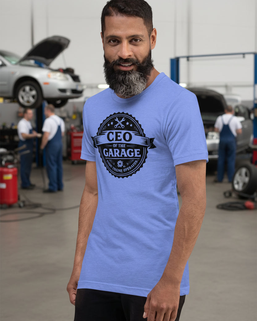 Vintage style mechanic badge shirt design that says CEO of the Garage with tools and gears