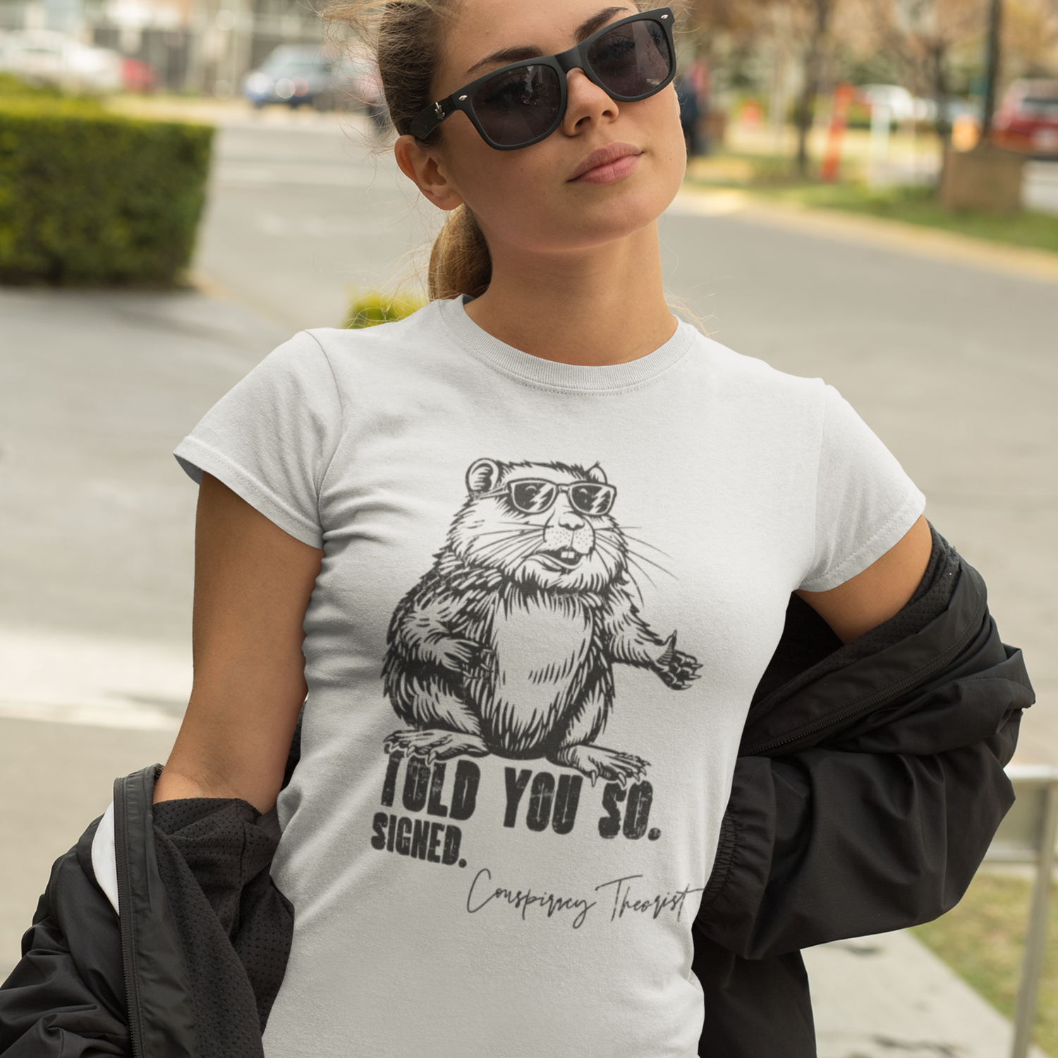 funny conspiracy theorist beaver wearing sunglasses graphic t-shirt